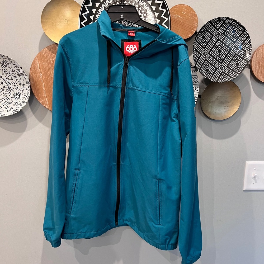 686 Unix Jacket Mens Medium Teal Blue Full Zip Hooded Windbreaker KCR915